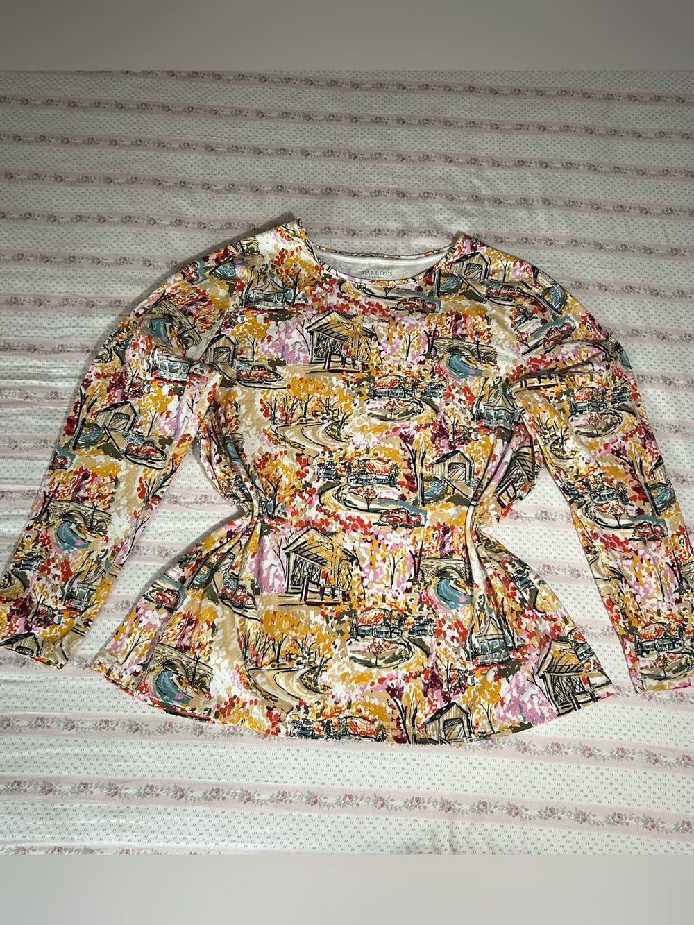 Talbots Multicolor Scenic Print Long-Sleeve Peplum Top